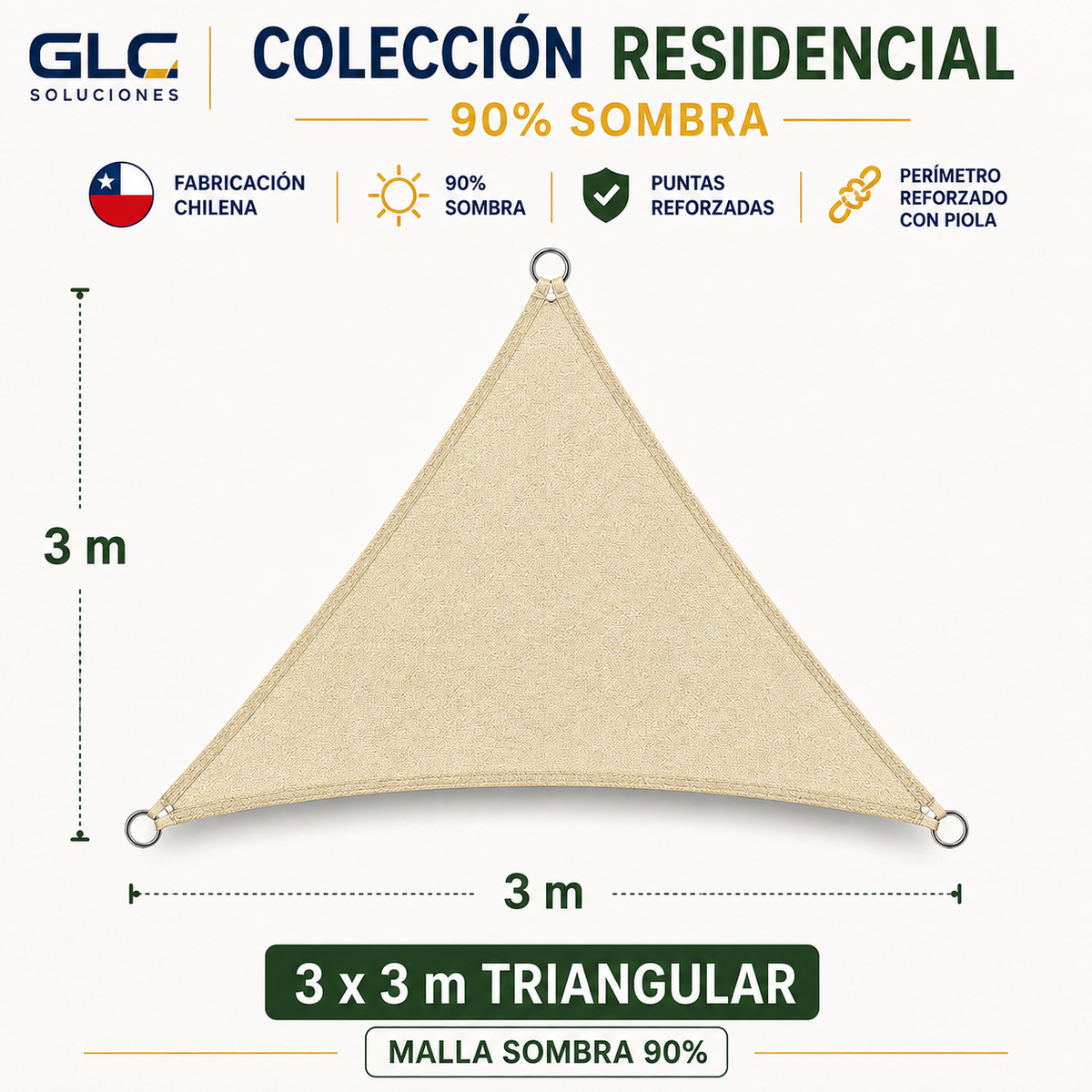 Toldo Vela Residencial 90% Sombra Triangular 3×3 m