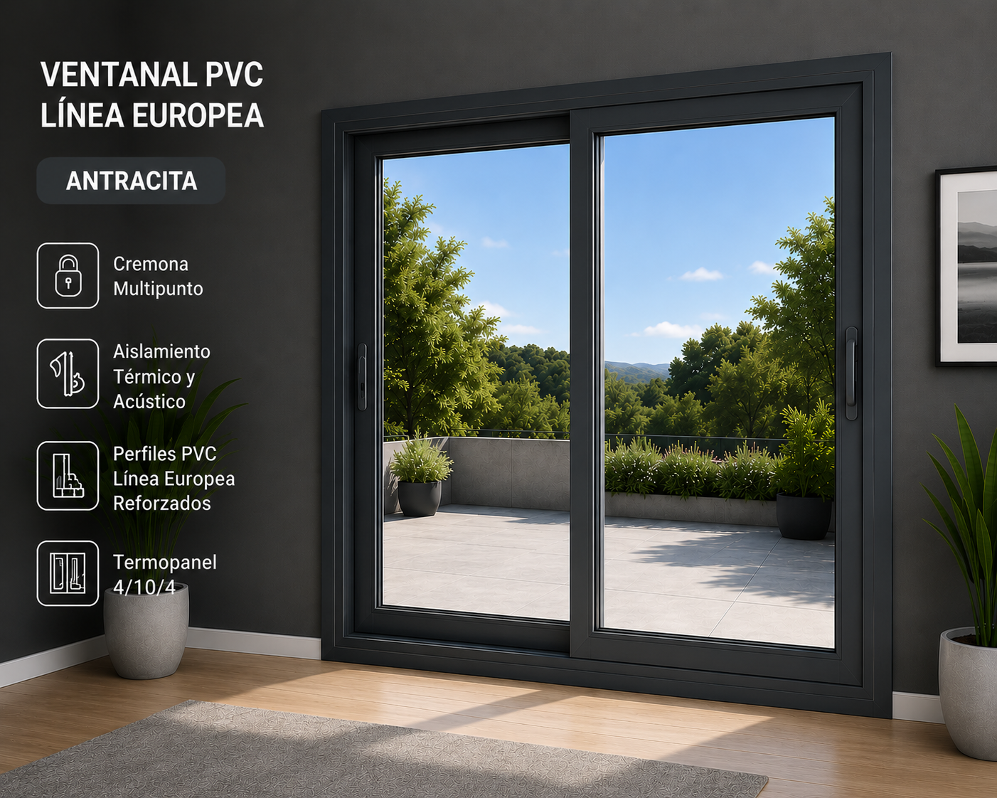 Ventanal Corredero PVC Antracita Línea Europea 200×205 cm (Ancho: 200 cm × Alto: 205 cm) | Termopanel 4/10/4