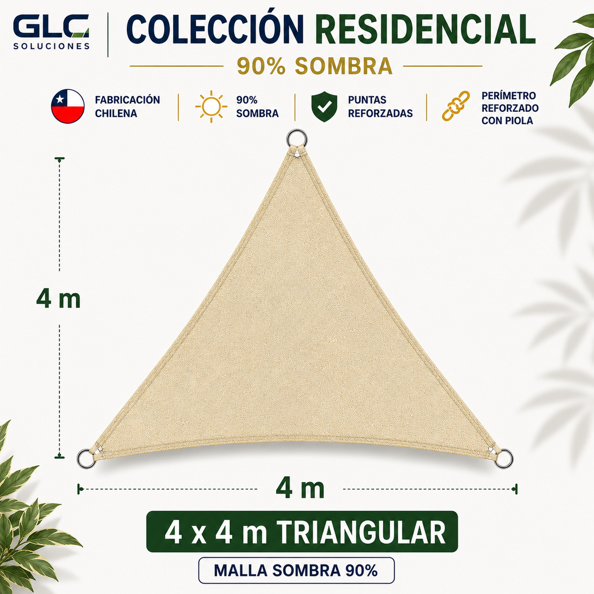 Toldo Vela Residencial 90% Sombra Triangular 4×4 m