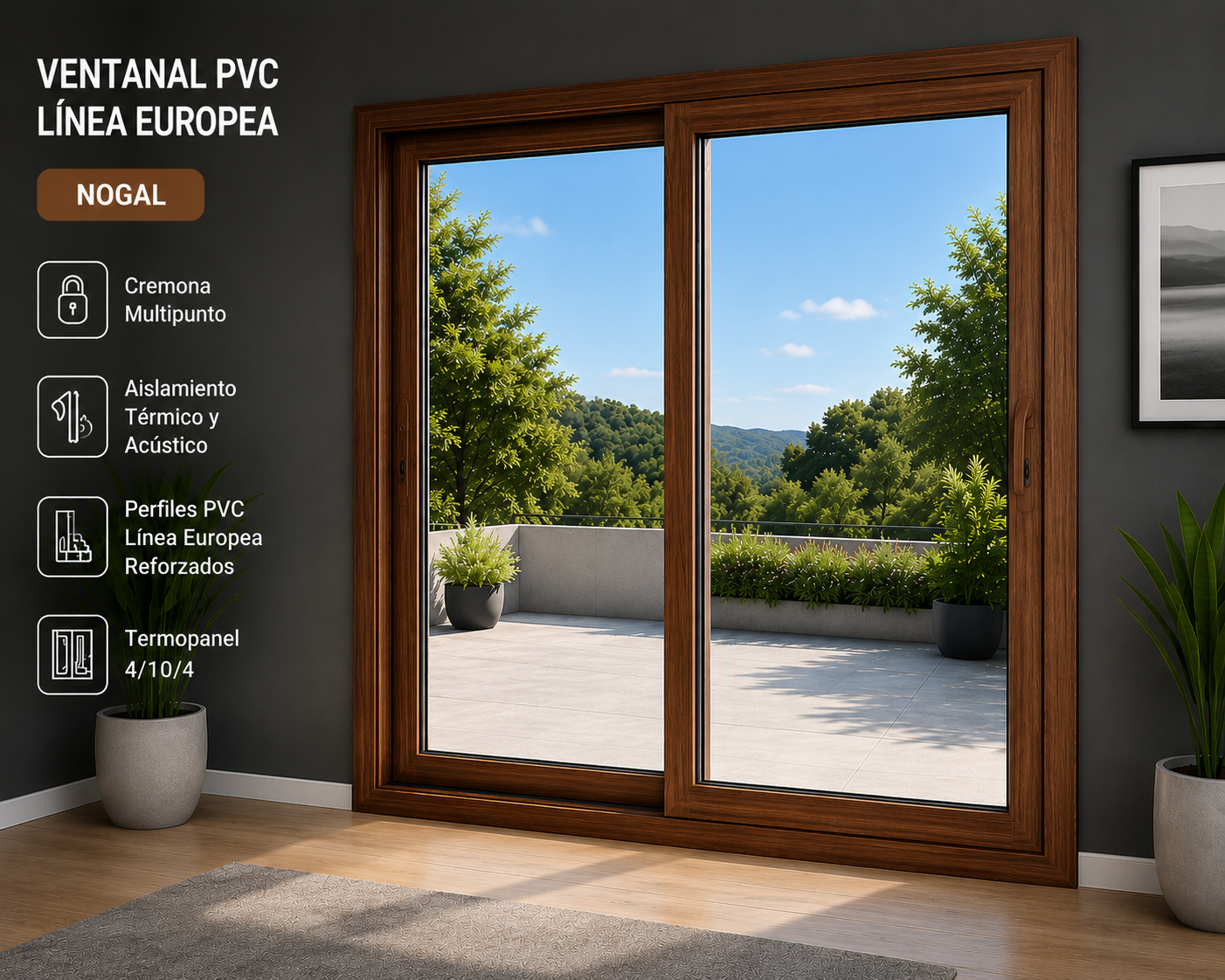 Ventanal Corredero PVC Nogal Línea Europea 200×205 cm (Ancho: 200 cm × Alto: 205 cm) | Termopanel 4/10/4