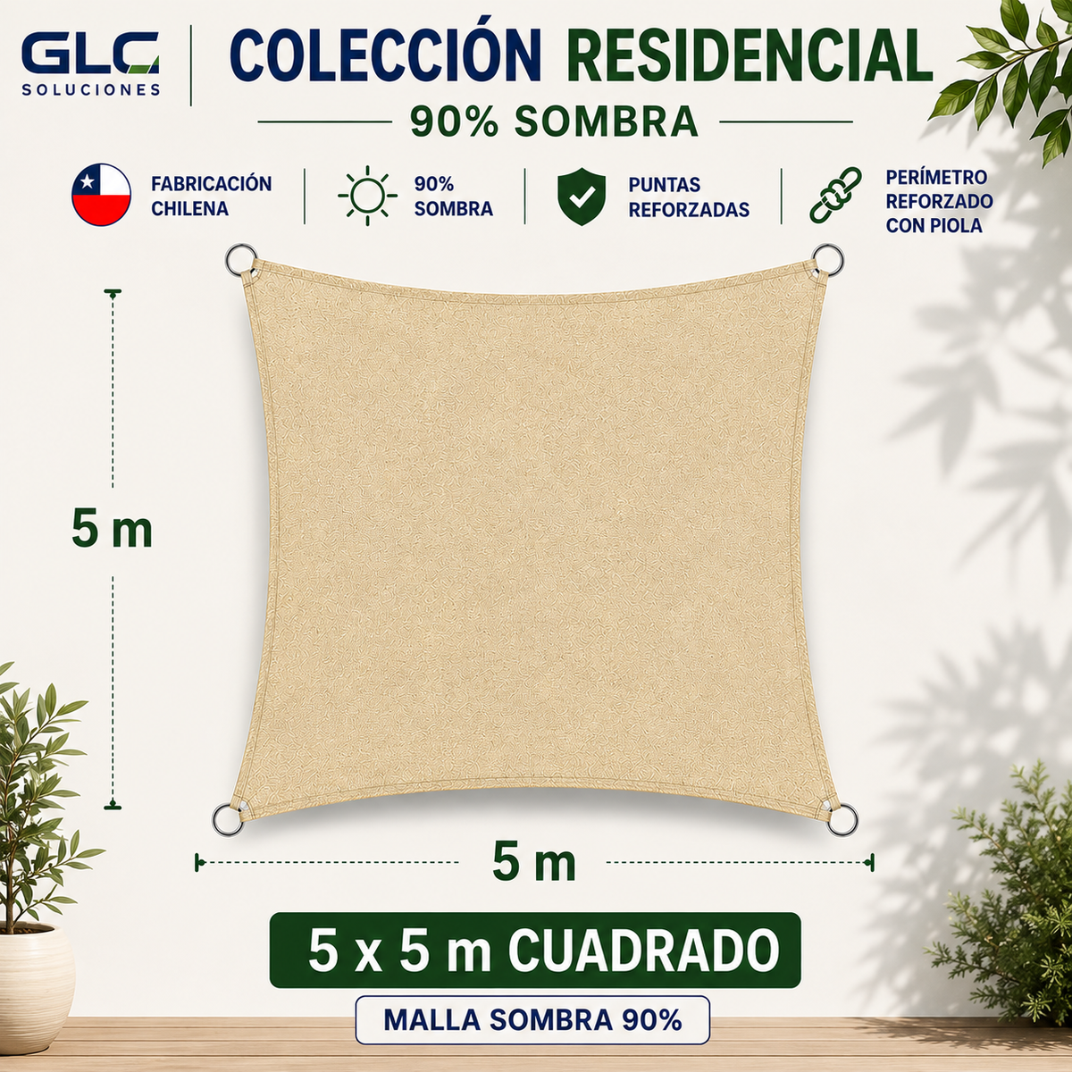 Toldo Vela Residencial 90% Sombra Cuadrado 5×5 m