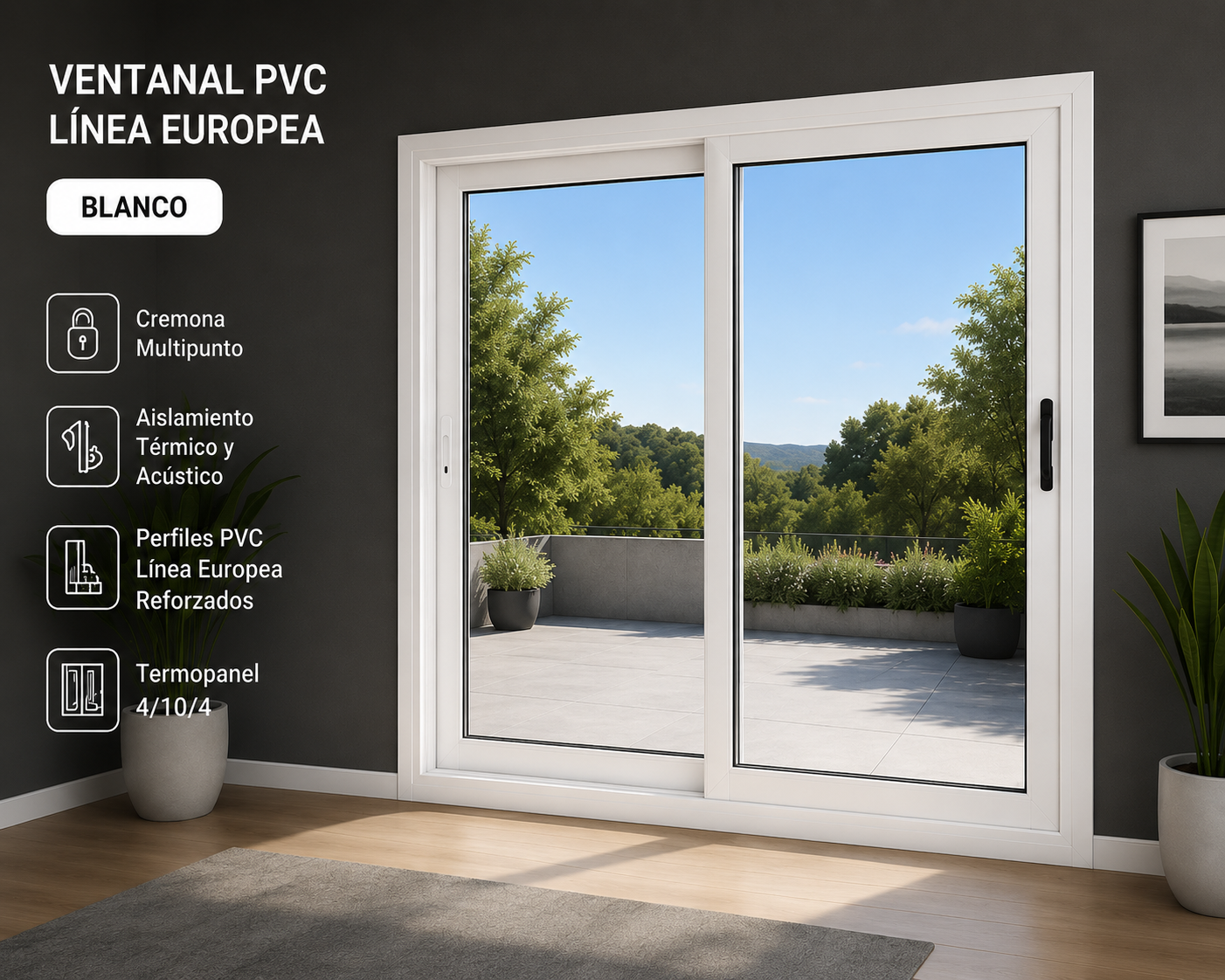 Ventanal Corredero PVC Blanca Línea Europea 200×205 cm (Ancho: 200 cm × Alto: 205 cm) | Termopanel 4/10/4